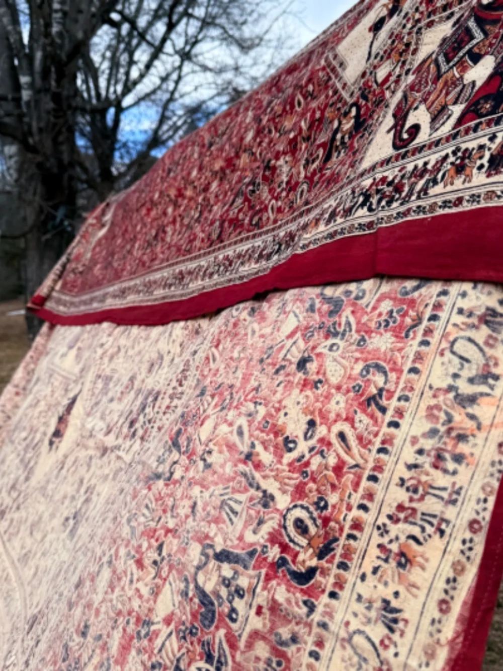 India Block Printed Cotton 100s of Figures Peacocks Bedspread Tablecloth Wall